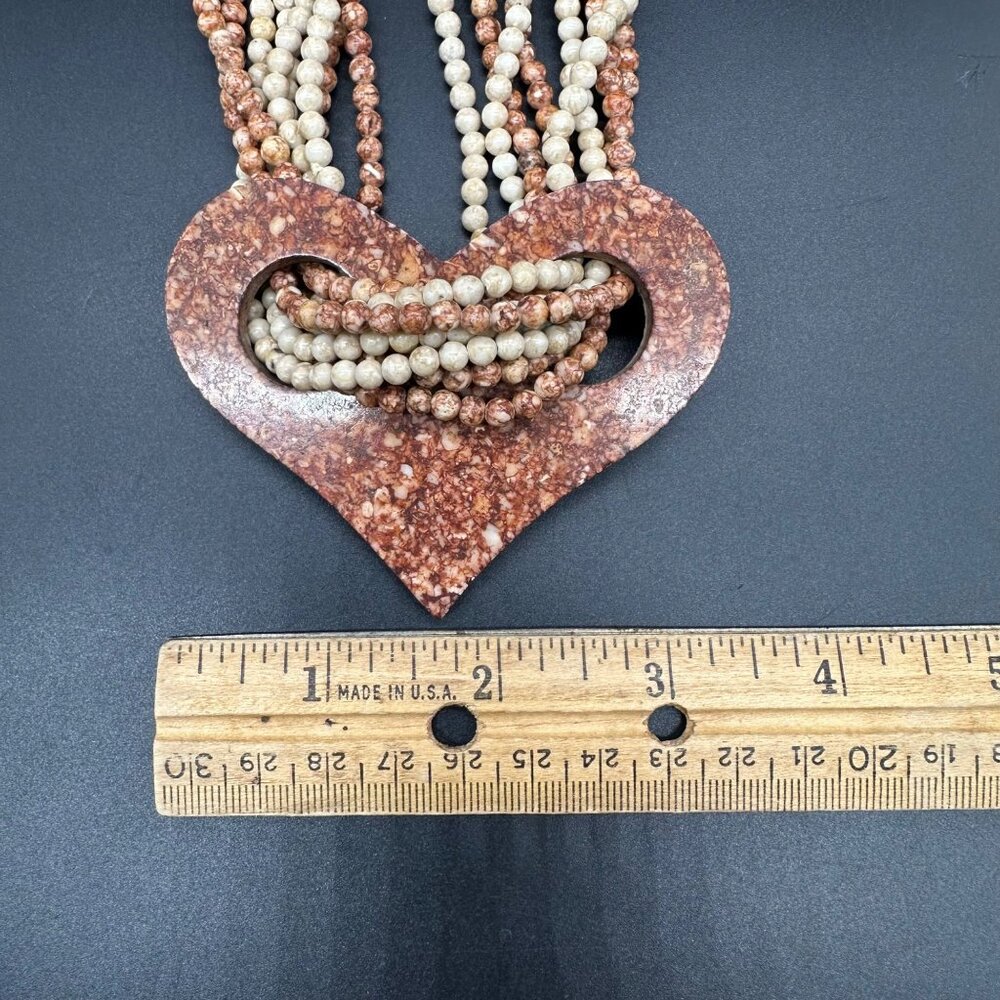 Vintage Stone Beaded Choker Necklace Heart Pendant Natural Earth Tone Southwest - Picture 9 of 9